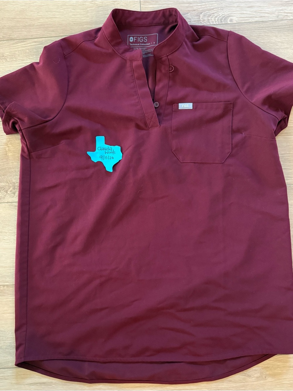 Figs Burgundy Short-Sleeve Button Pocket Top